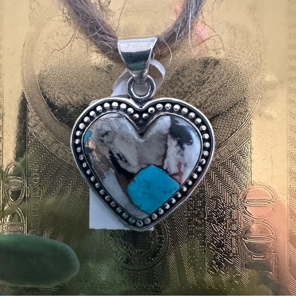 NWT Heart-Shaped Sterling Silver 925 Pendant with Turquoise and Marble Matrix - Picture 1 of 10
